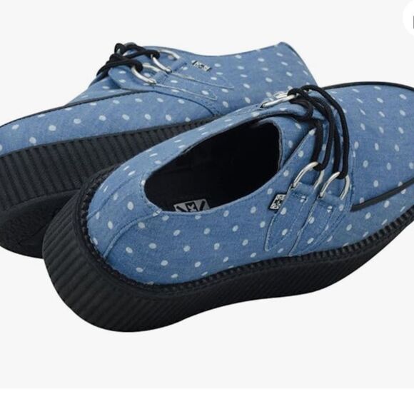T.U.K Unisex Blue and White Denim Polka Dot Viva Mondo Creeper Platforms - Picture 2 of 9
